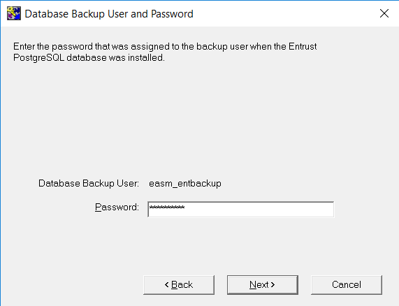 entrust database backup user password