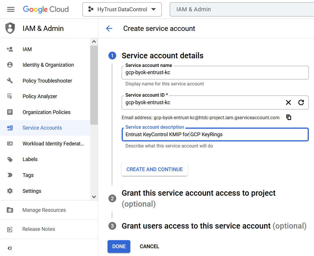 create service account 1