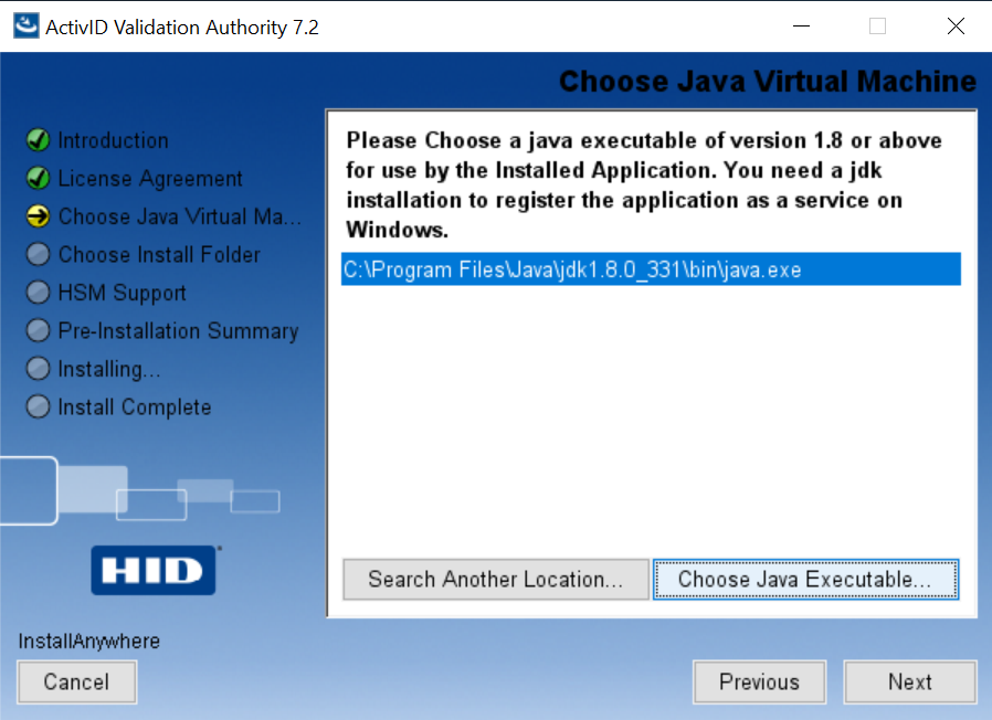 hid install java executable