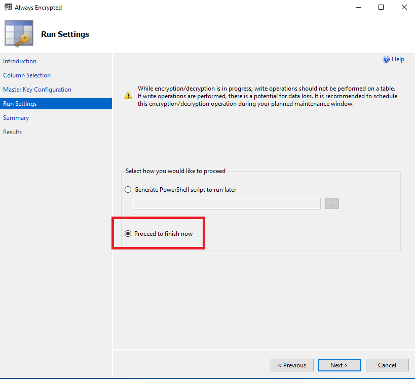 encrypt ssms run settings