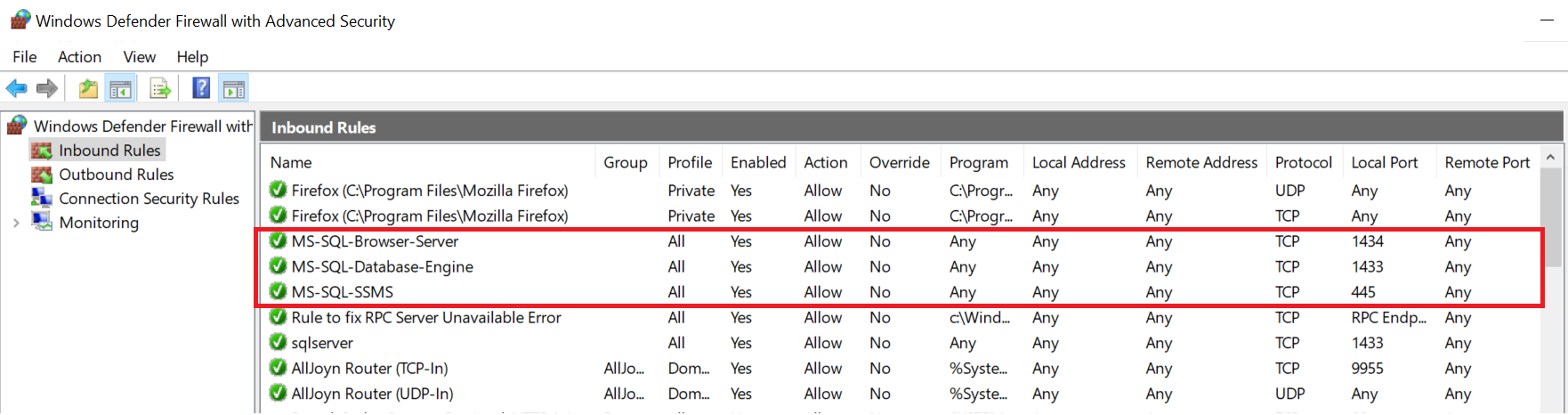 sql server inbound firewall rules