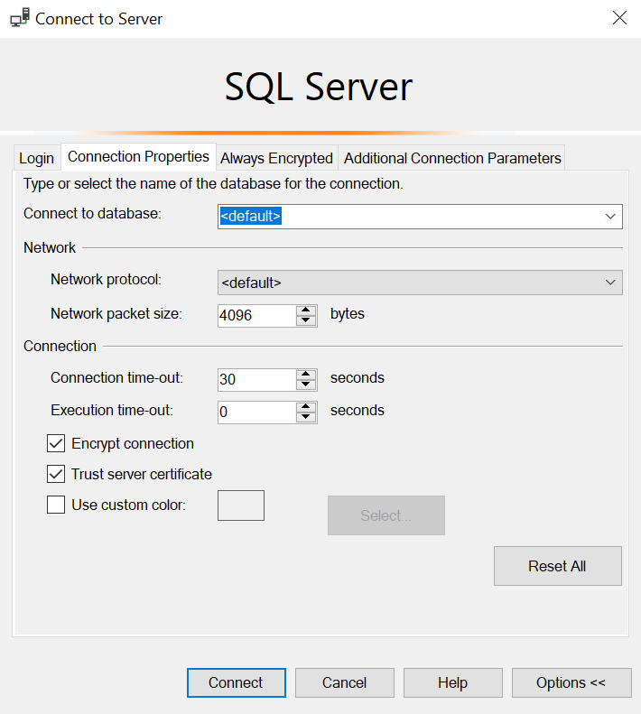 ssms server connection properties