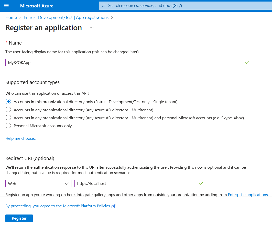 create azure app registration