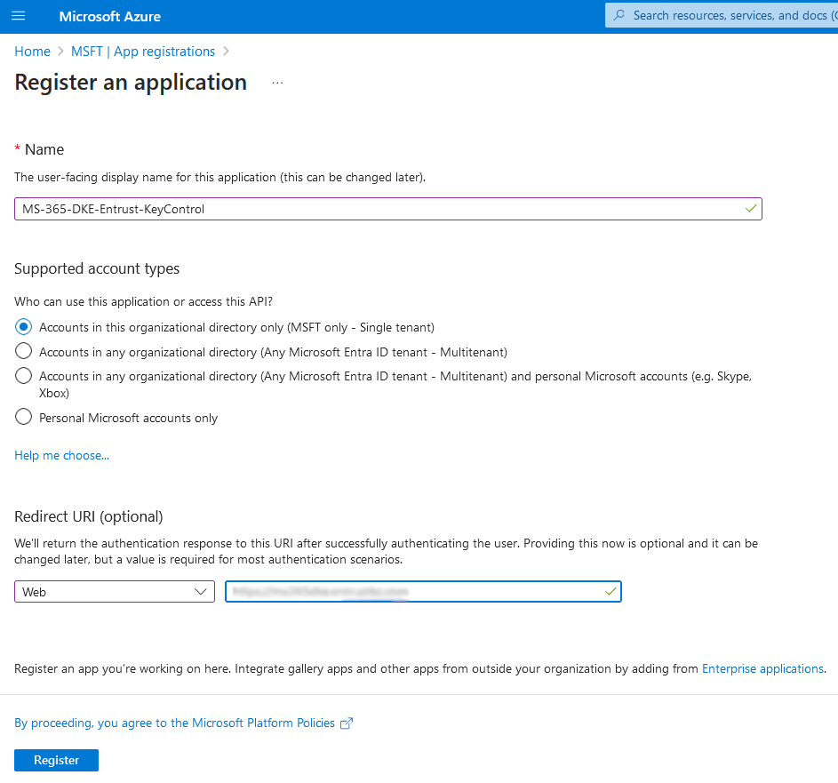 create azure app registration