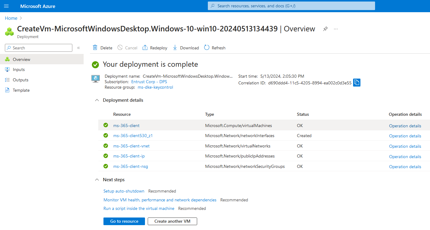 ms 365 client vm created