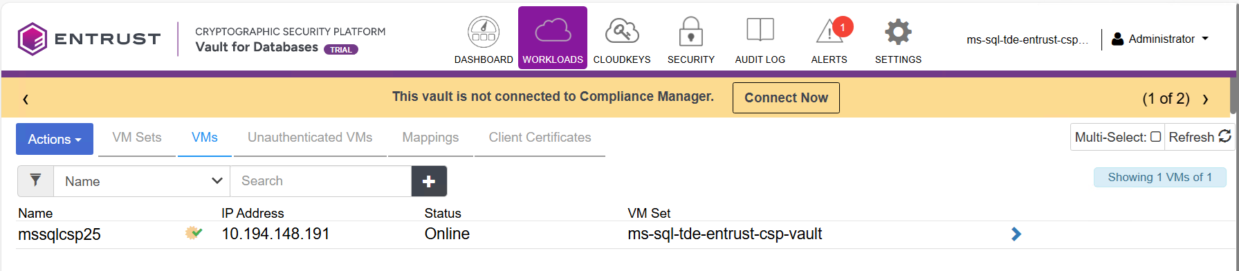 registration workloads vm